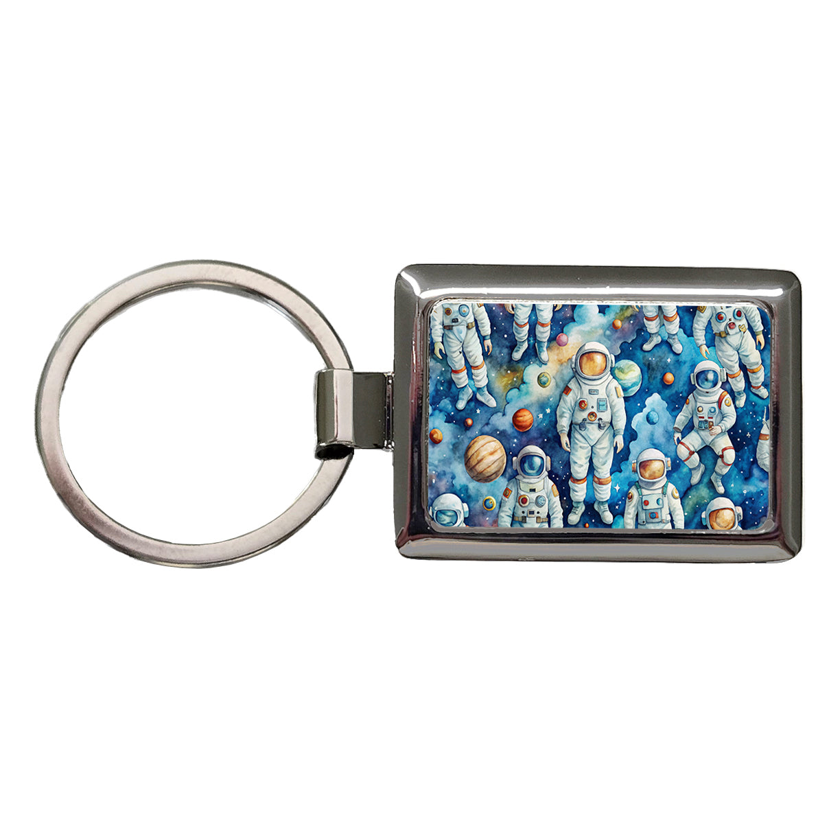 Astronauts In Space Watercolor Rectangle Metal Keychain