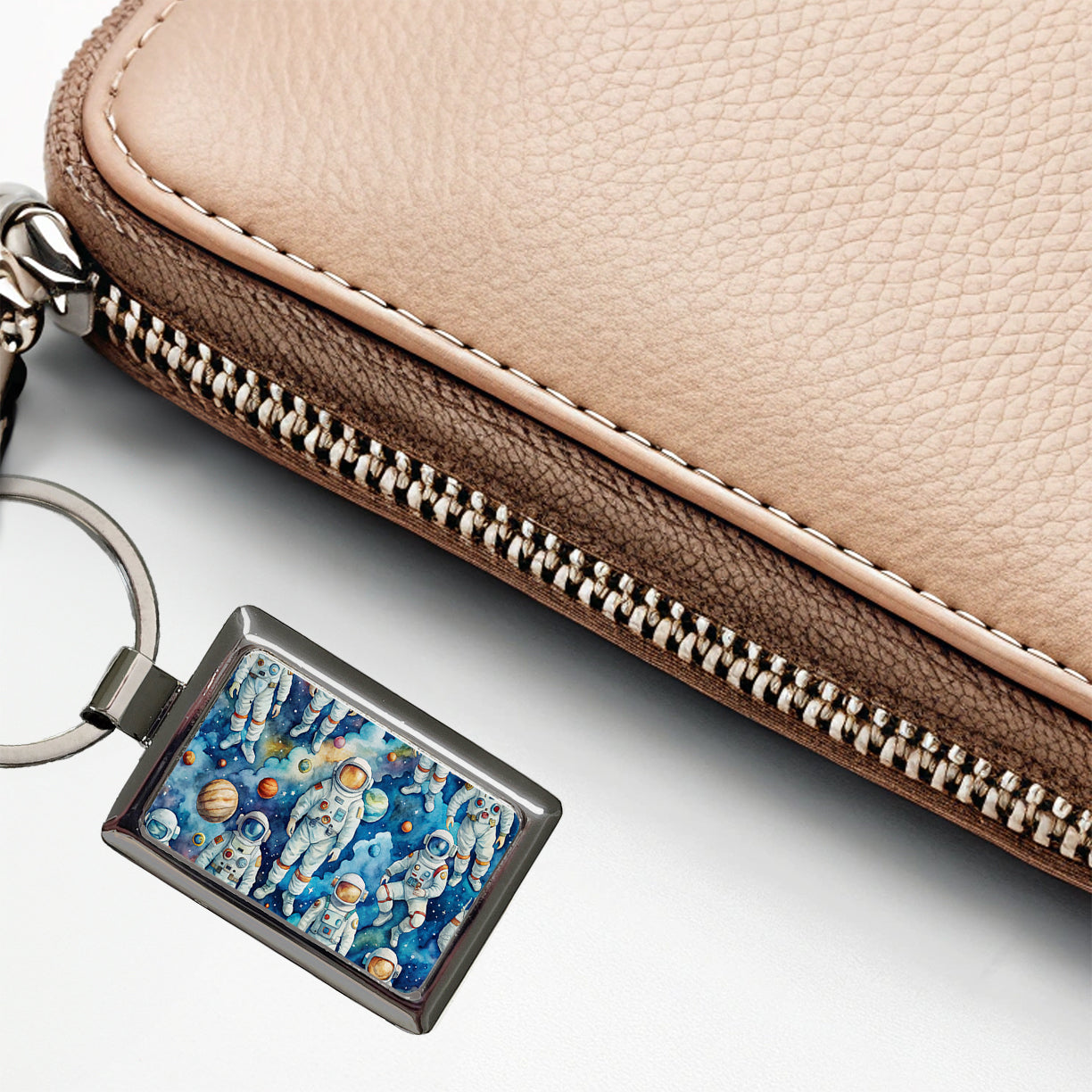 Astronauts In Space Watercolor Rectangle Metal Keychain