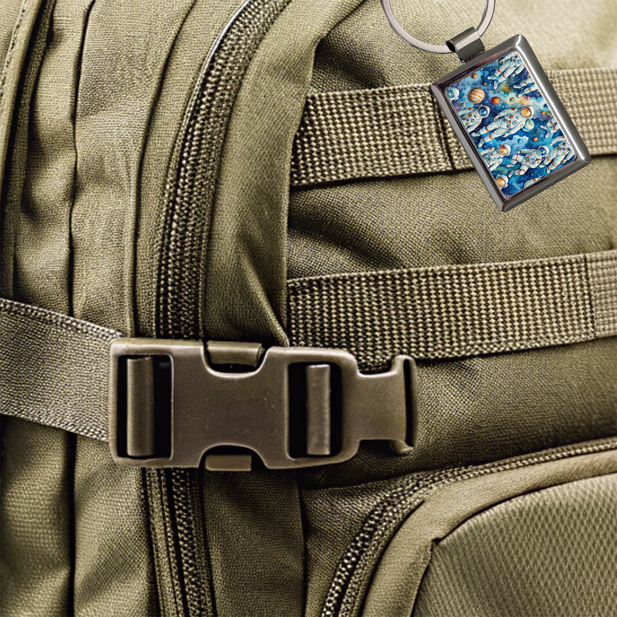 Astronauts In Space Watercolor Rectangle Metal Keychain