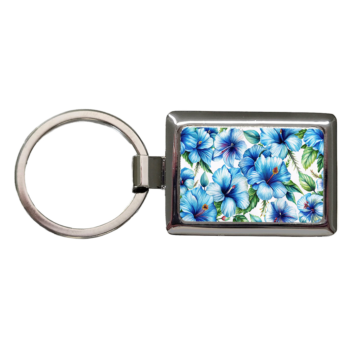 Blue Hibiscus Flowers Watercolor Rectangle Metal Keychain