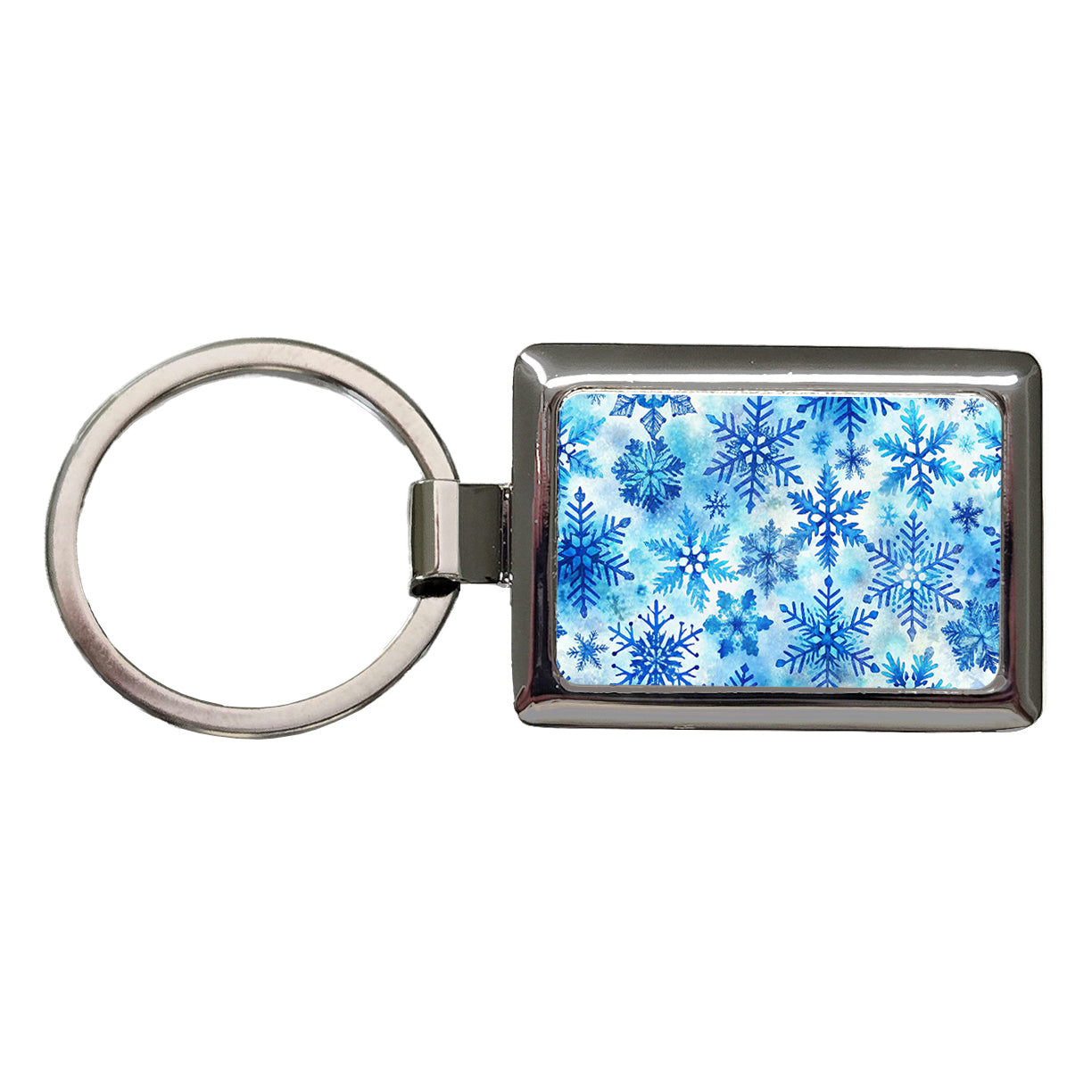 Blue Snowflakes Watercolor Rectangle Metal Keychain