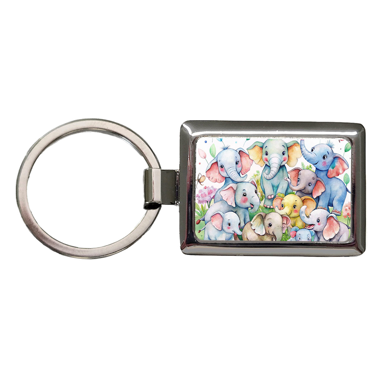 Bunch Of Cute Elephants Watercolor Rectangle Metal Keychain