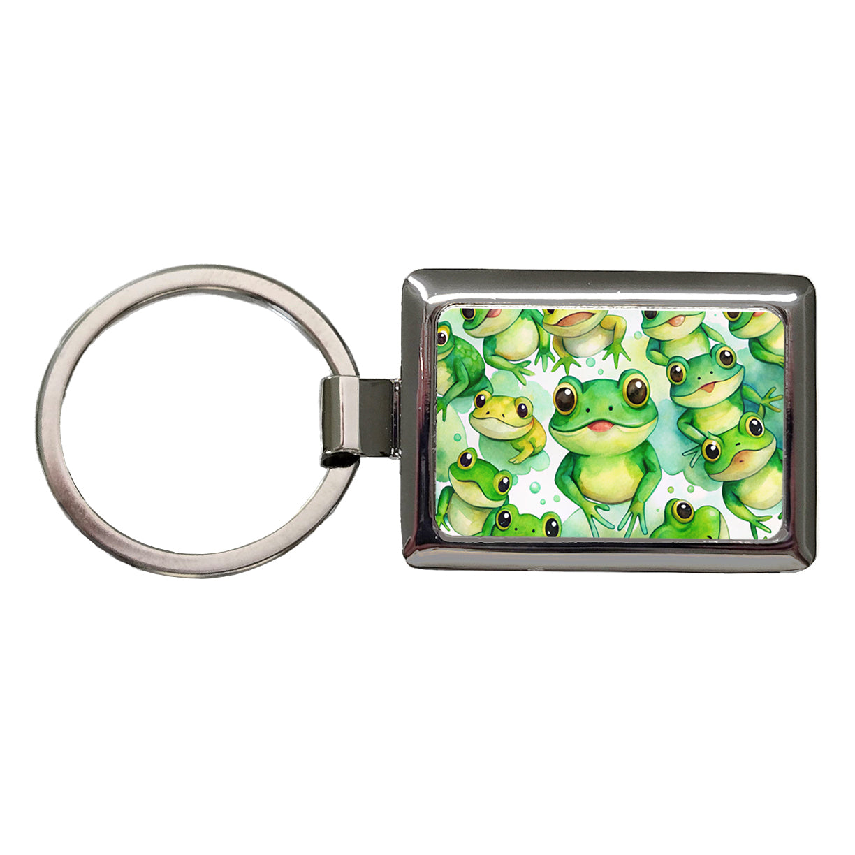 Bunch Of Cute Green Frogs Watercolor Rectangle Metal Keychain