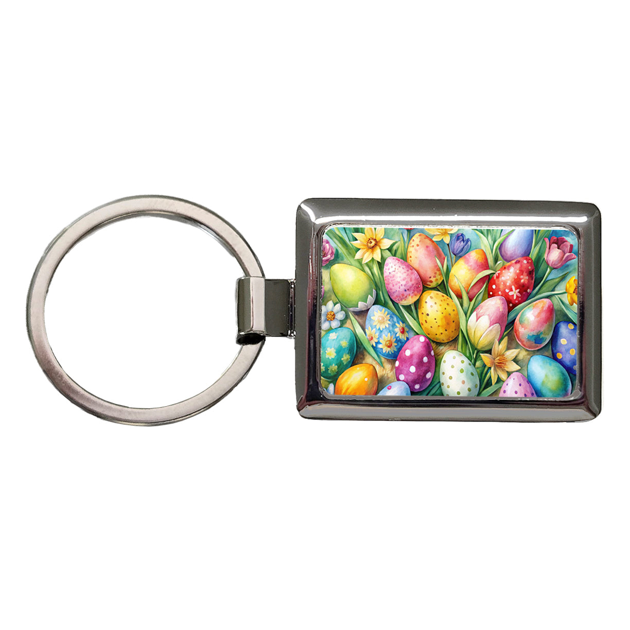 Easter Eggs Flowers Watercolor Rectangle Metal Keychain