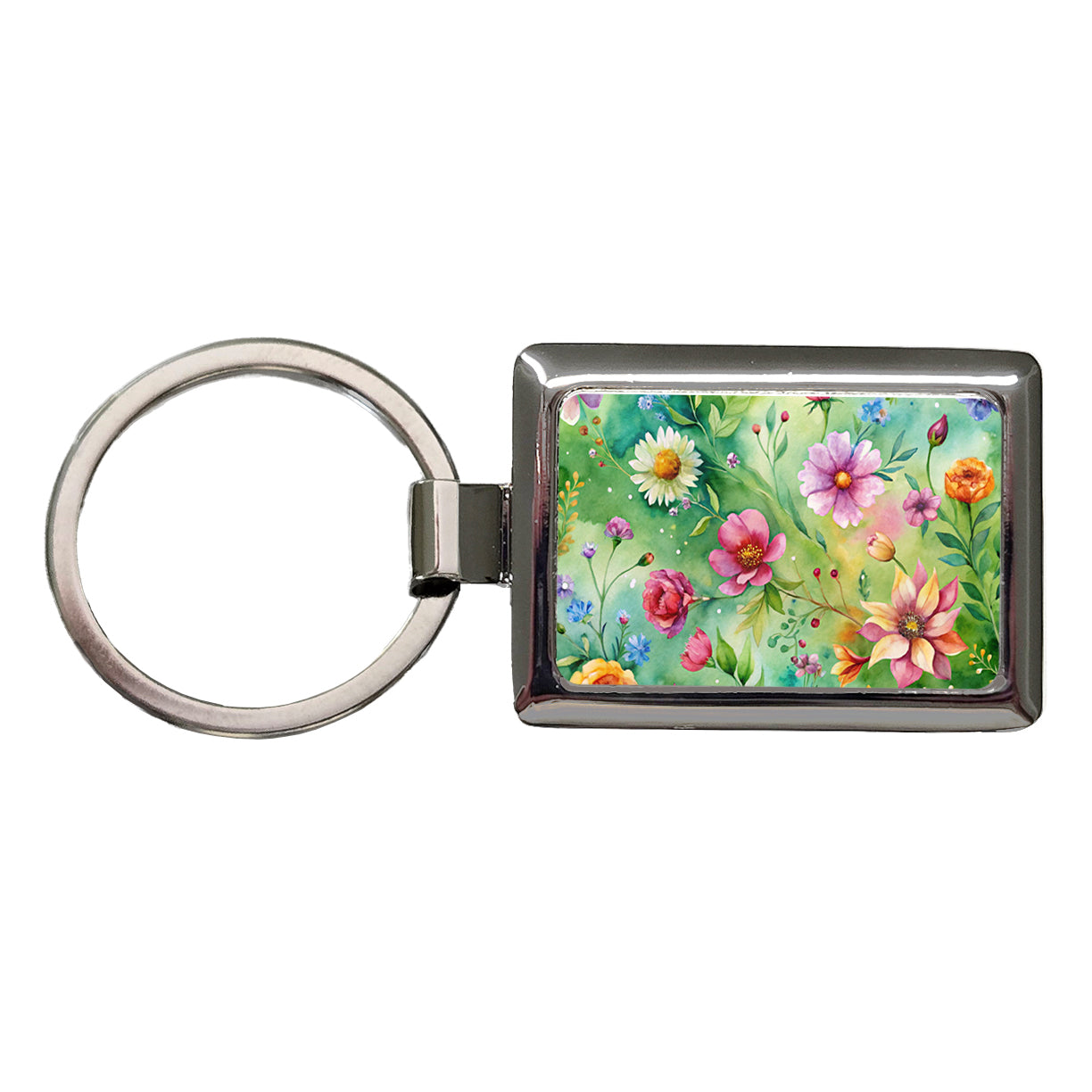 Flowers Green Background Watercolor Rectangle Metal Keychain