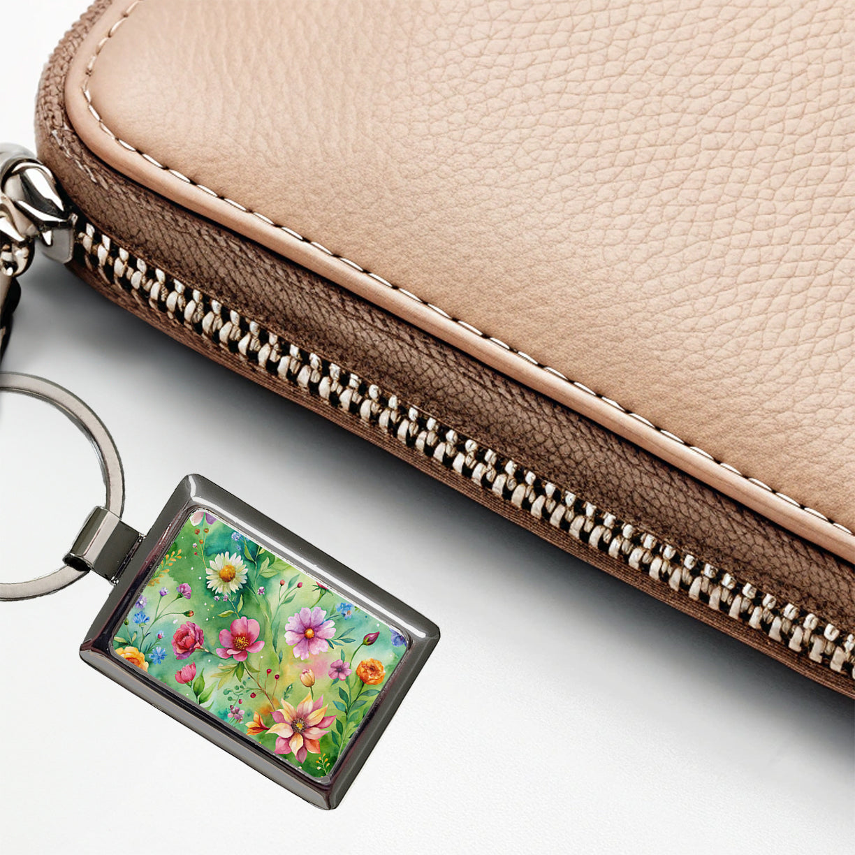Flowers Green Background Watercolor Rectangle Metal Keychain