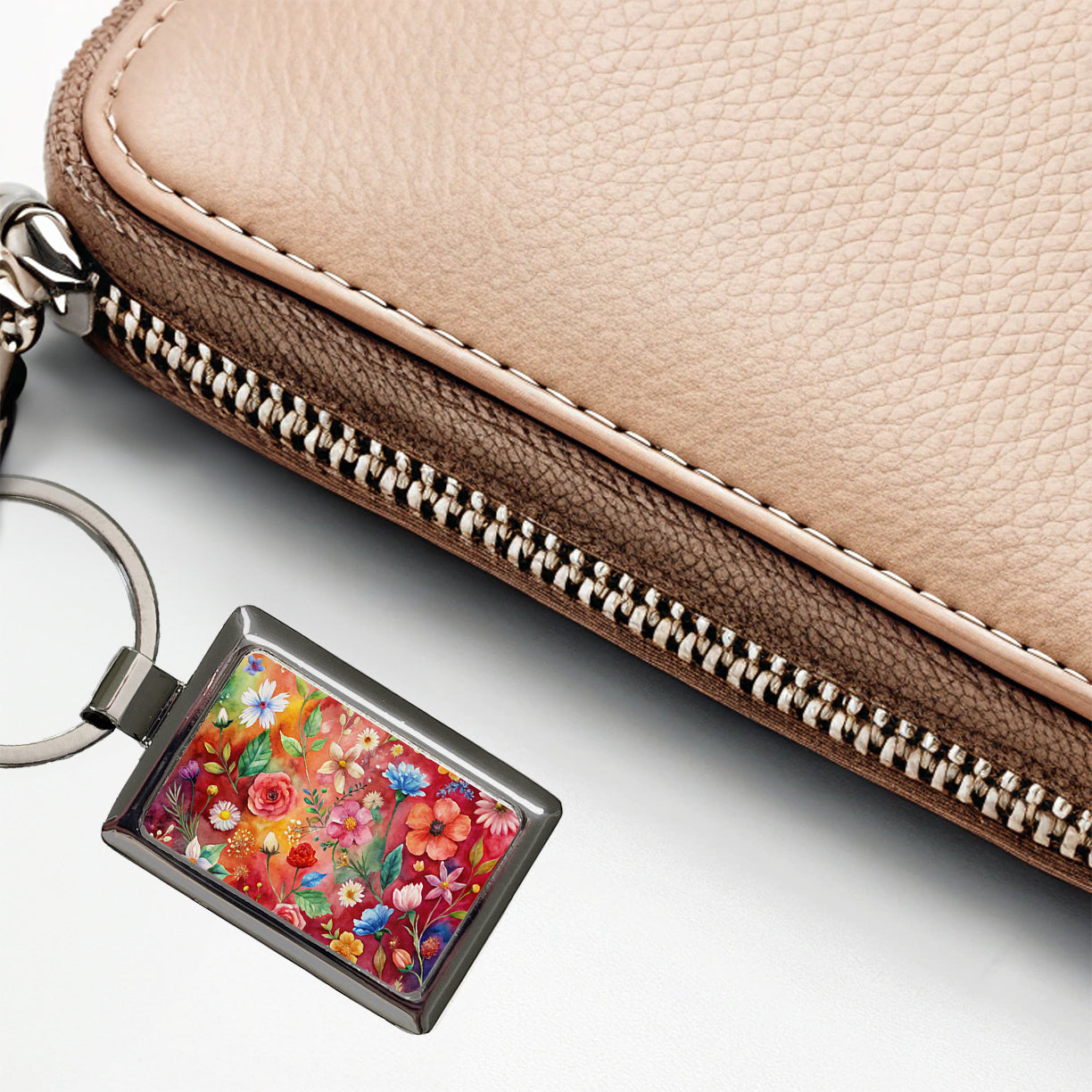 Flowers Red Background Watercolor Rectangle Metal Keychain