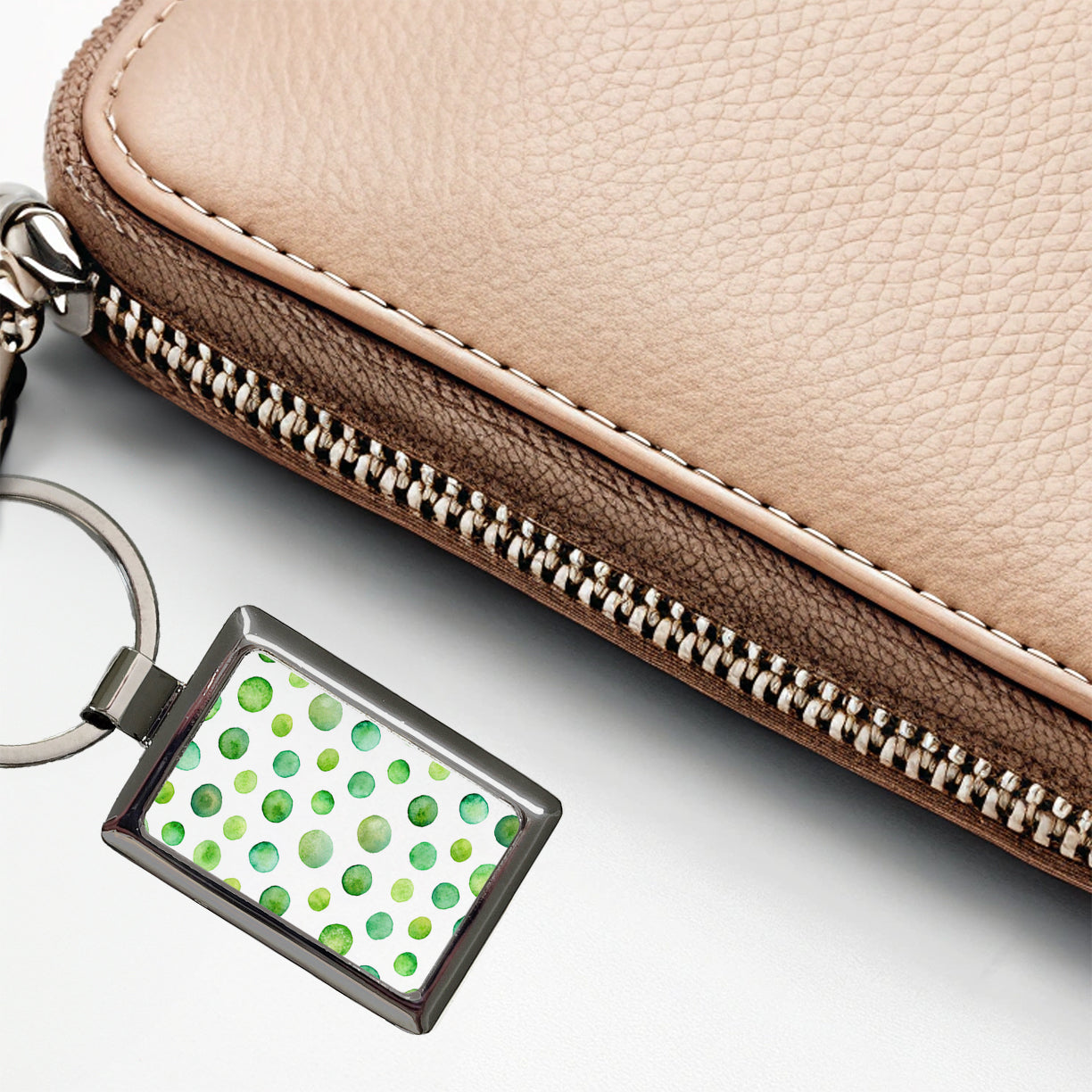 Green Polka Dots Fun White Background Rectangle Metal Keychain