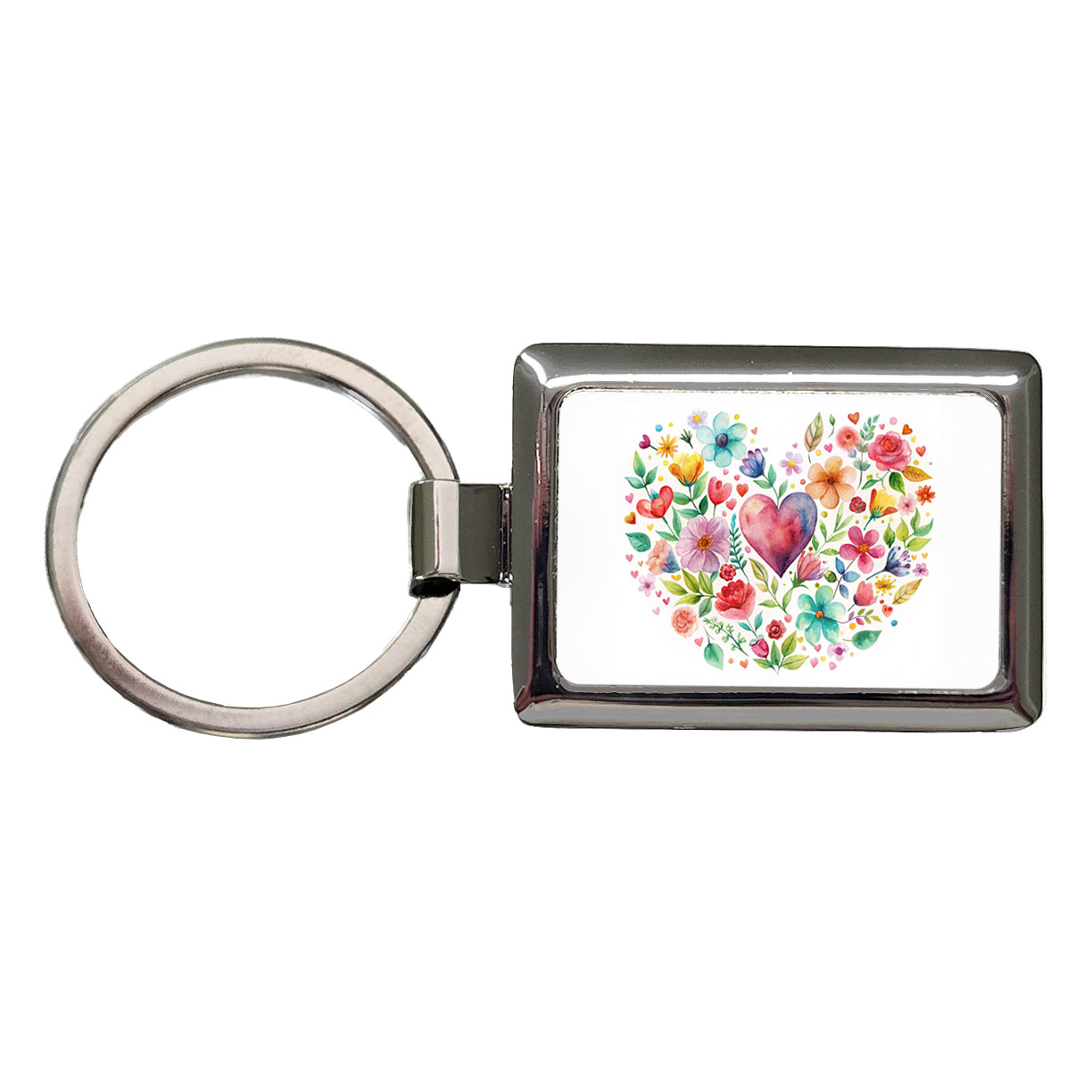 Hearts Flowers Watercolor Rectangle Metal Keychain