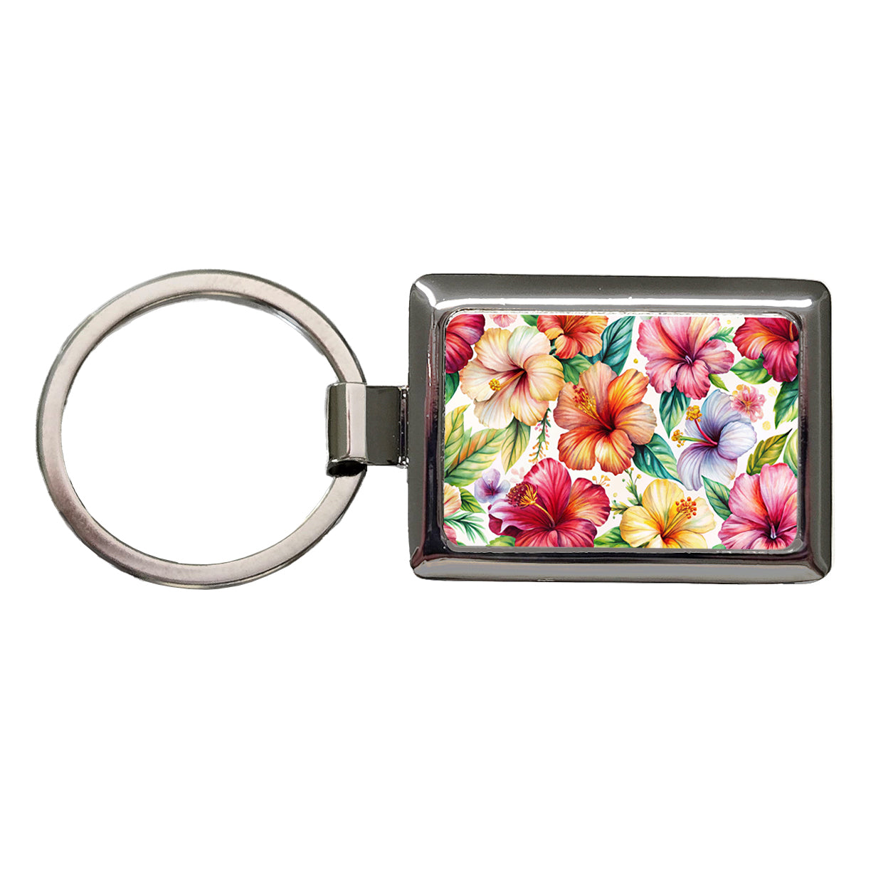 Hibiscus Tropical Flowers Watercolor Rectangle Metal Keychain