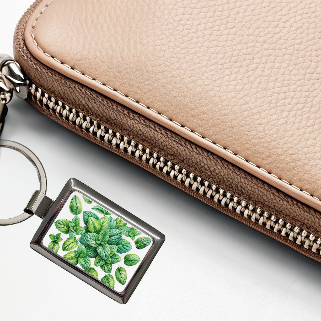 Mint Leaves Watercolor Rectangle Metal Keychain