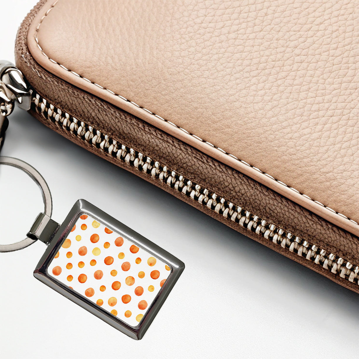 Orange Polka Dots Fun White Background Rectangle Metal Keychain