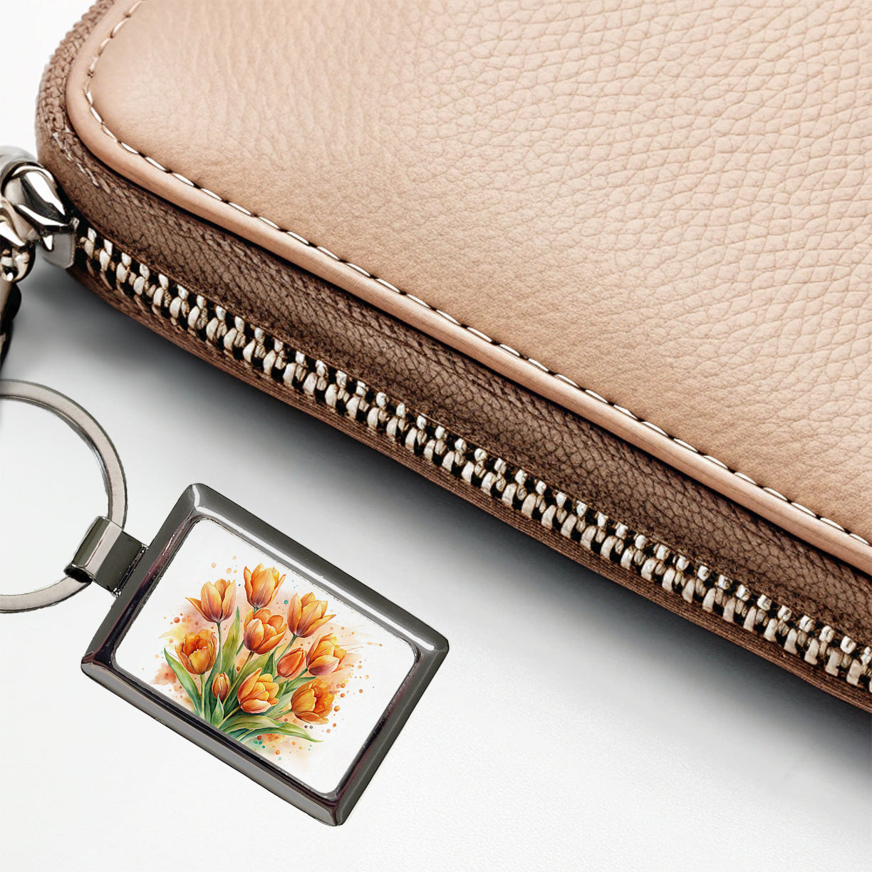 Orange Tulips Flowers Watercolor Rectangle Metal Keychain