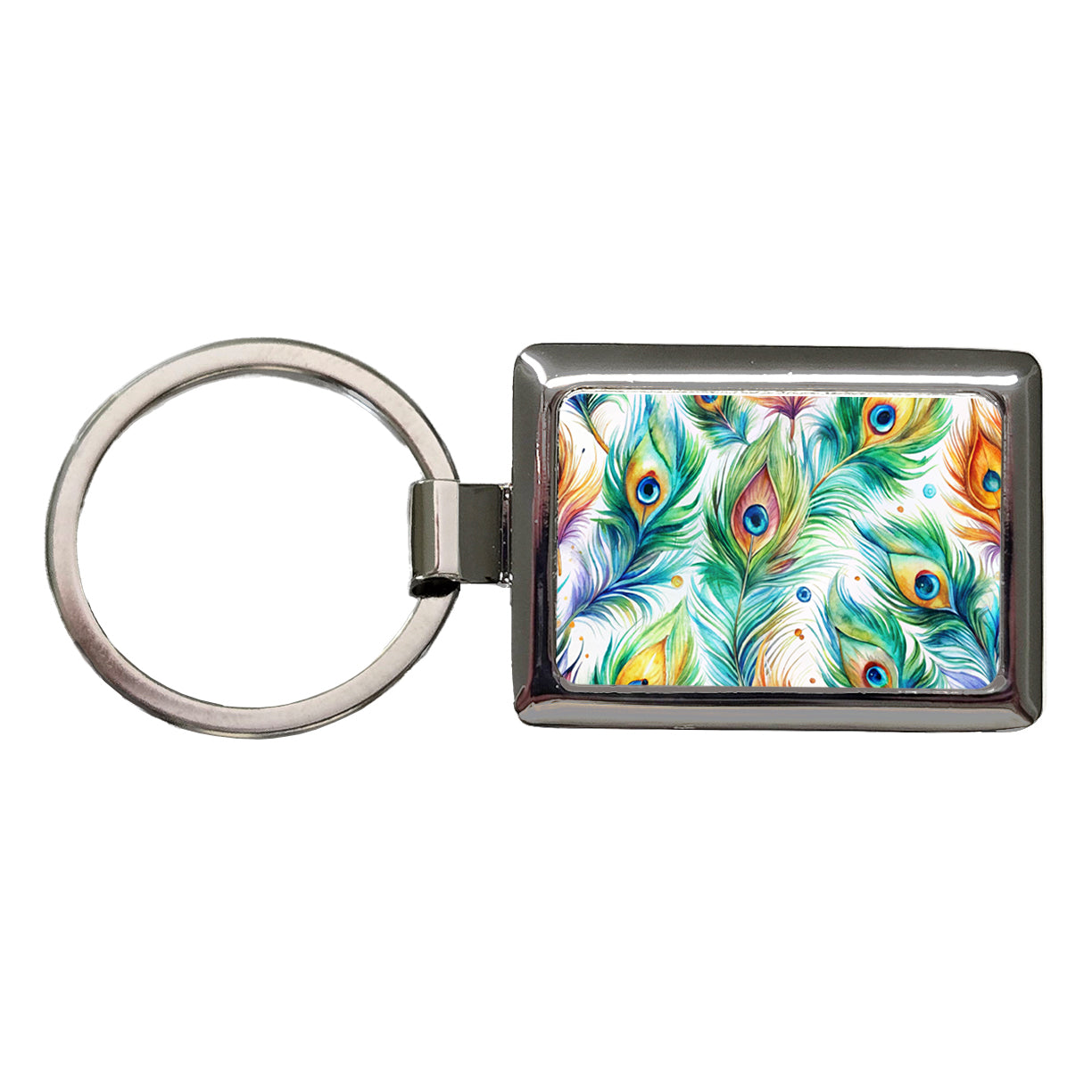 Peacock Feathers Watercolor Rectangle Metal Keychain