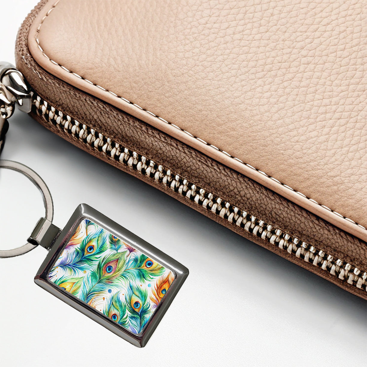 Peacock Feathers Watercolor Rectangle Metal Keychain