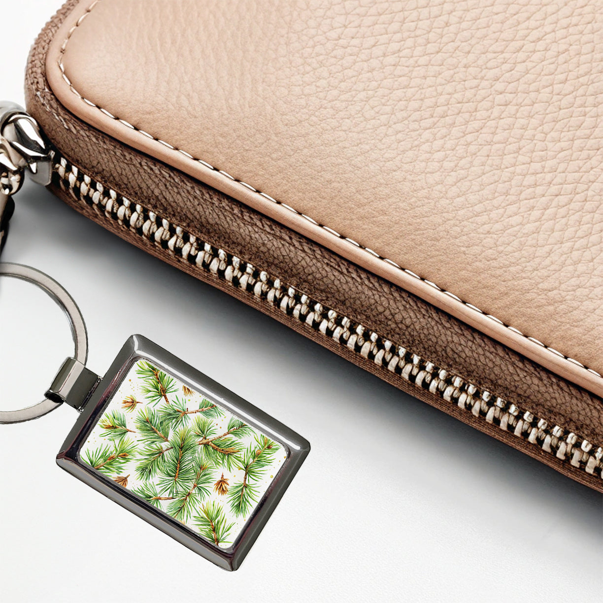 Pine Needles Watercolor Rectangle Metal Keychain