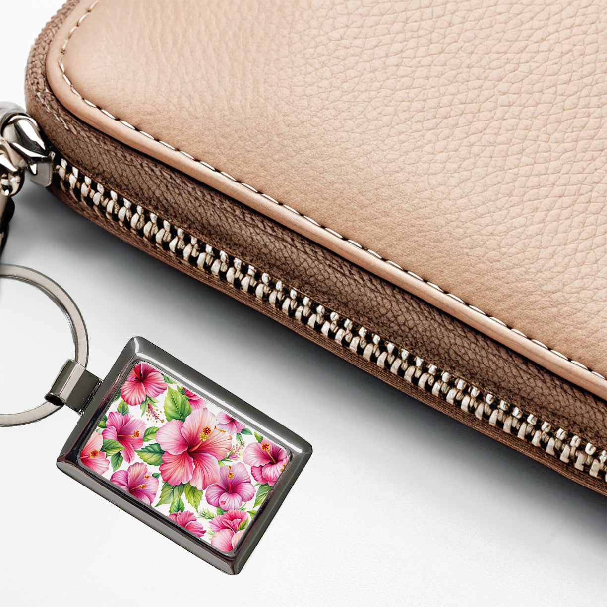 Pink Hibiscus Tropical Flowers Watercolor Rectangle Metal Keychain