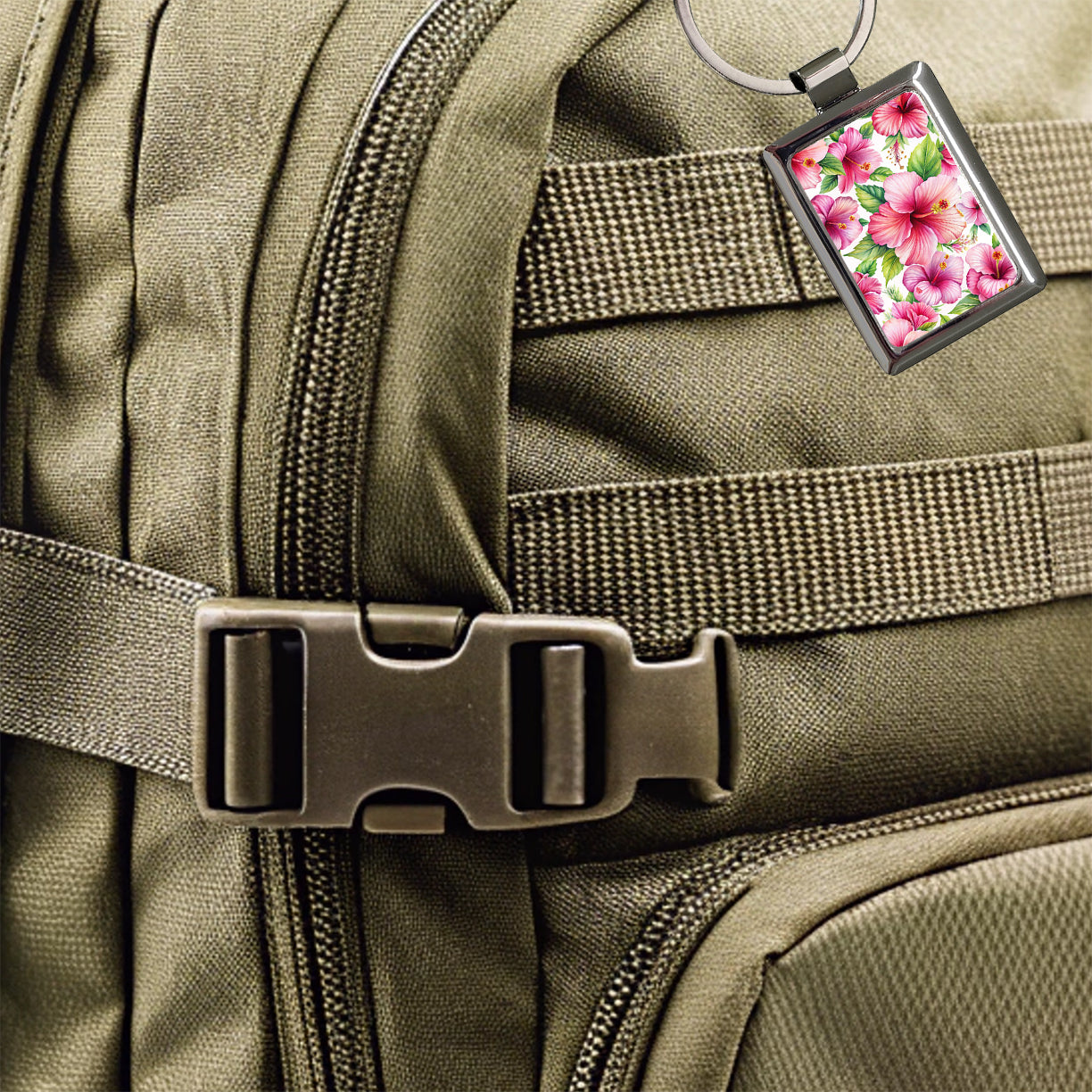 Pink Hibiscus Tropical Flowers Watercolor Rectangle Metal Keychain