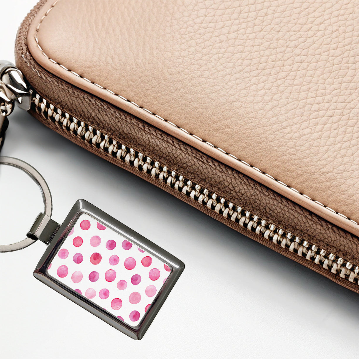 Pink Polka Dots White Background Rectangle Metal Keychain