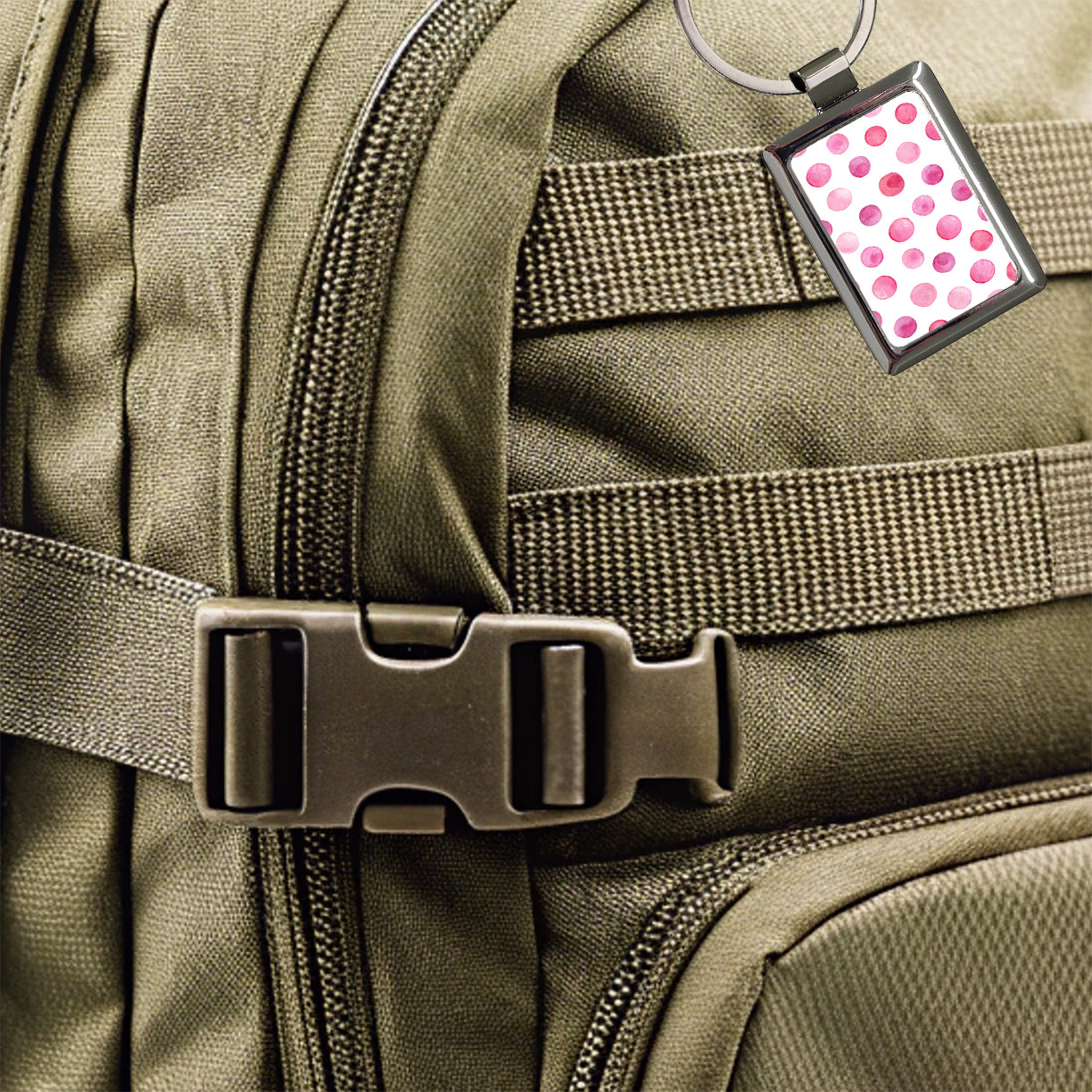 Pink Polka Dots White Background Rectangle Metal Keychain