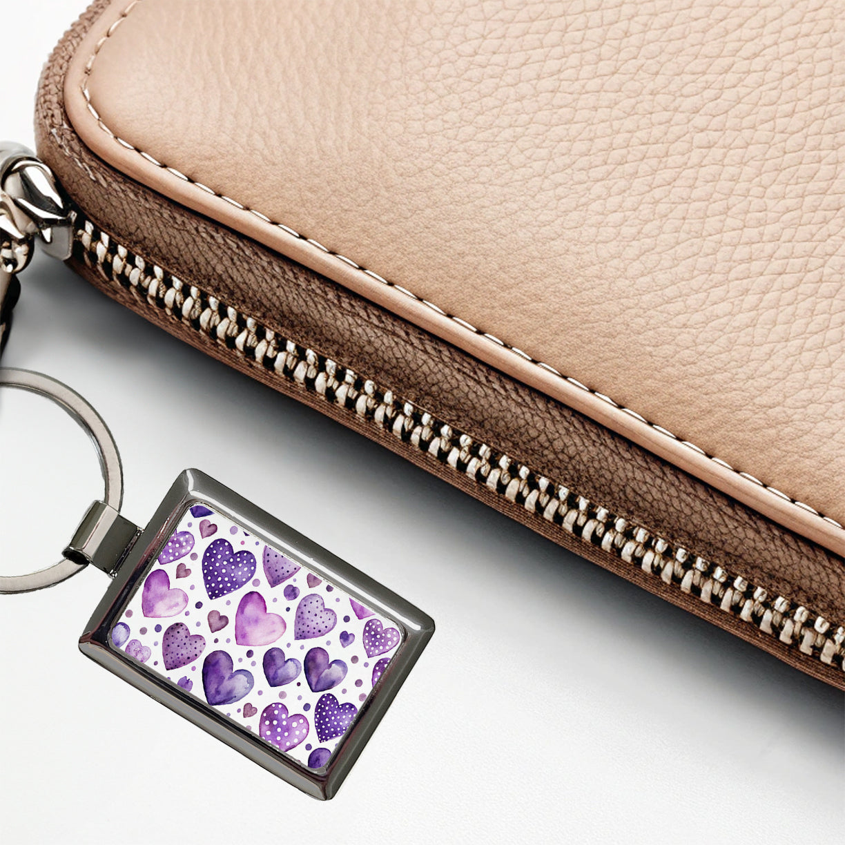 Purple Hearts Polka Dots Watercolor Rectangle Metal Keychain