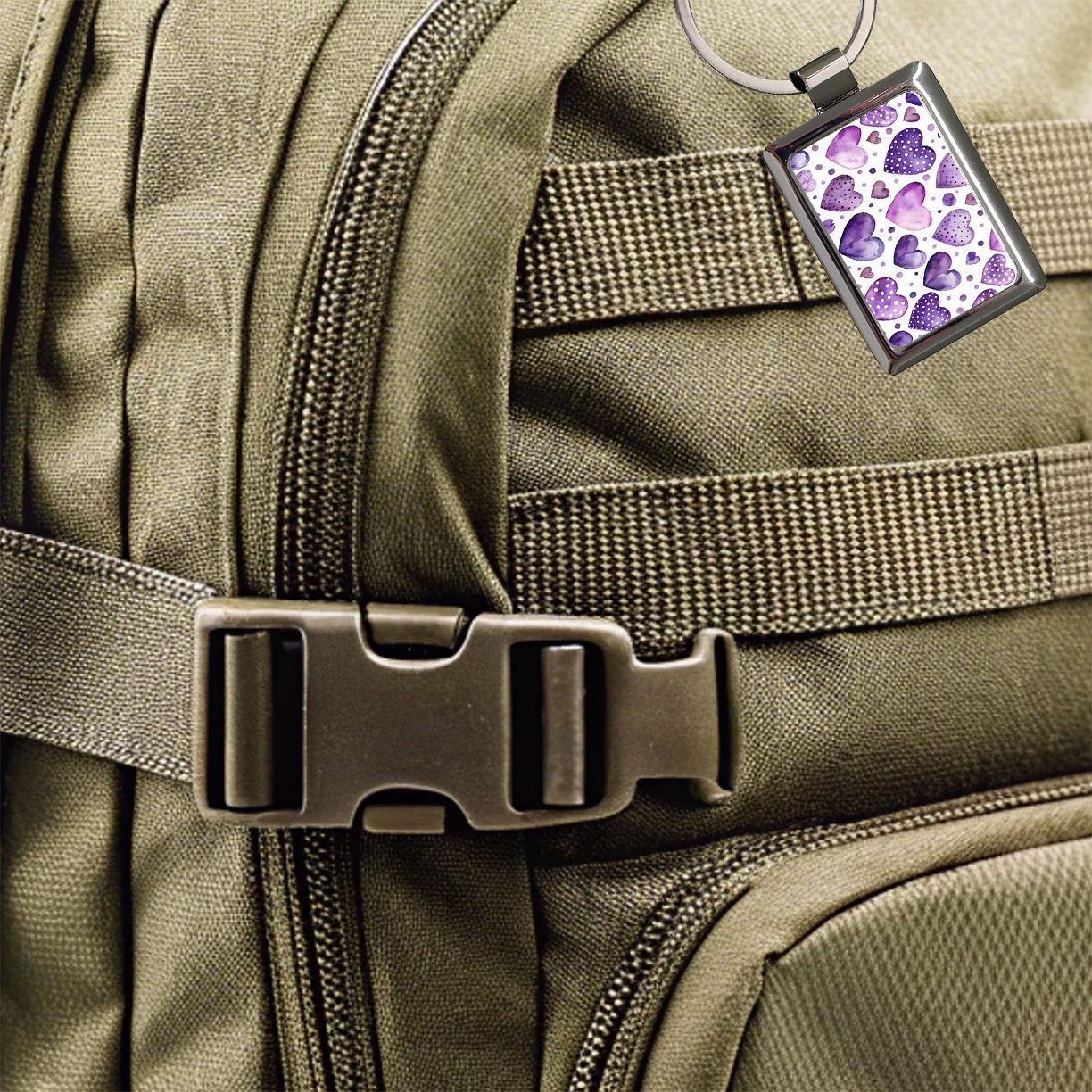 Purple Hearts Polka Dots Watercolor Rectangle Metal Keychain