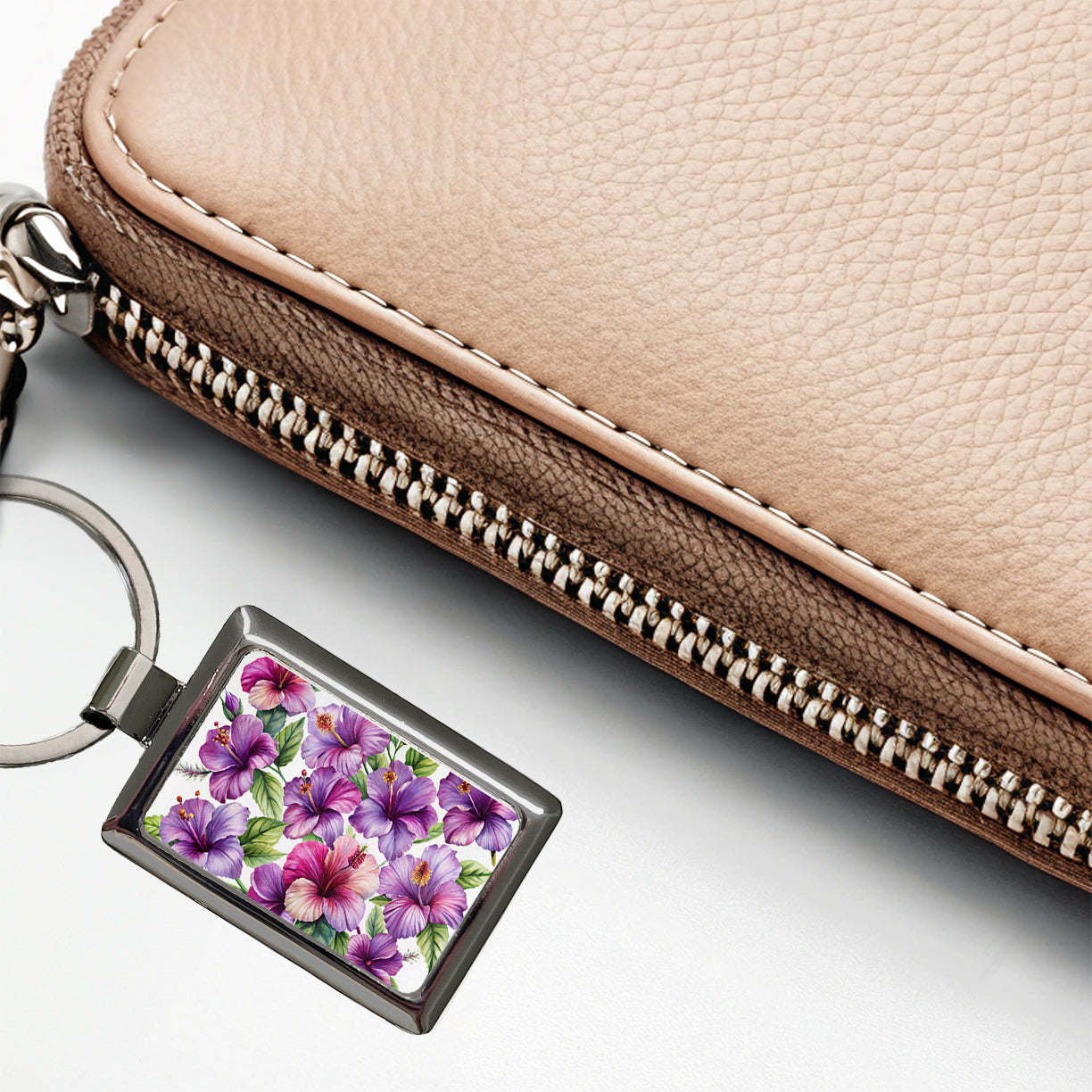 Purple Hibiscus Flowers Watercolor Rectangle Metal Keychain