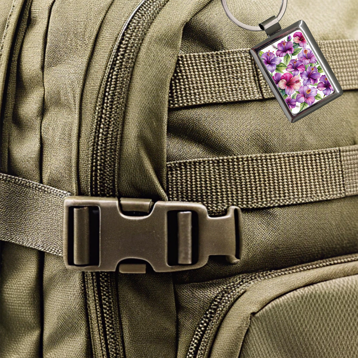 Purple Hibiscus Flowers Watercolor Rectangle Metal Keychain