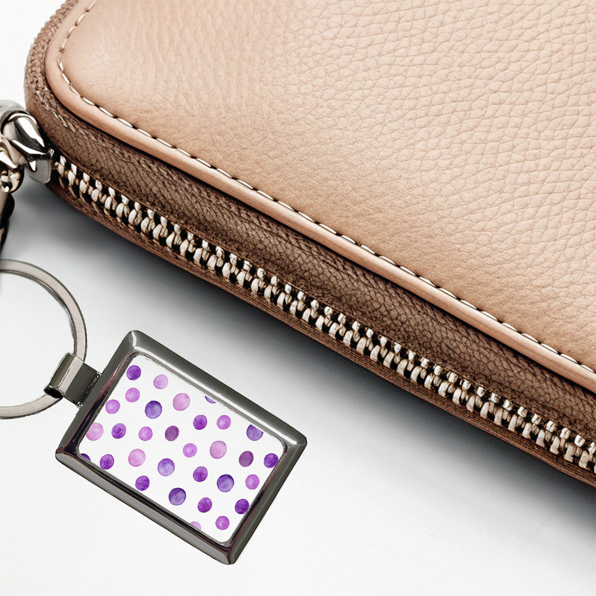 Purple Polka Dots Fun White Background Rectangle Metal Keychain