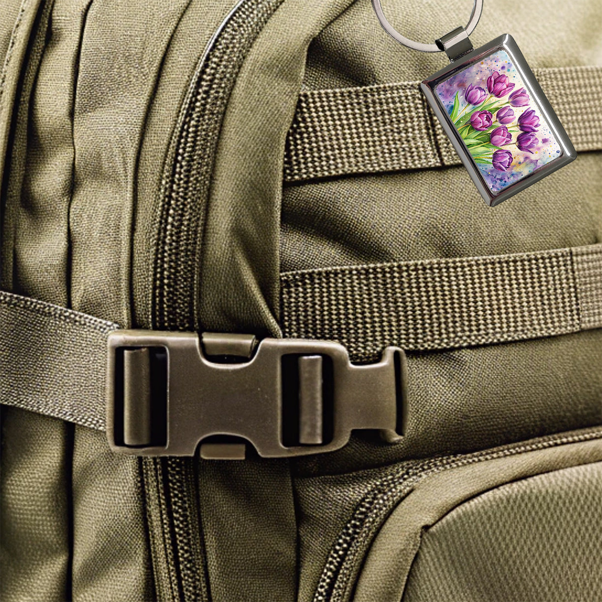 Purple Tulips Flowers Watercolor Rectangle Metal Keychain
