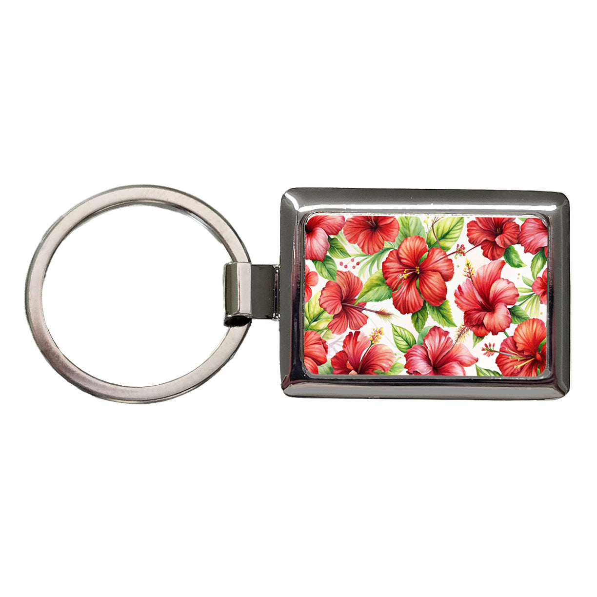 Red Hibiscus Flowers Watercolor Rectangle Metal Keychain