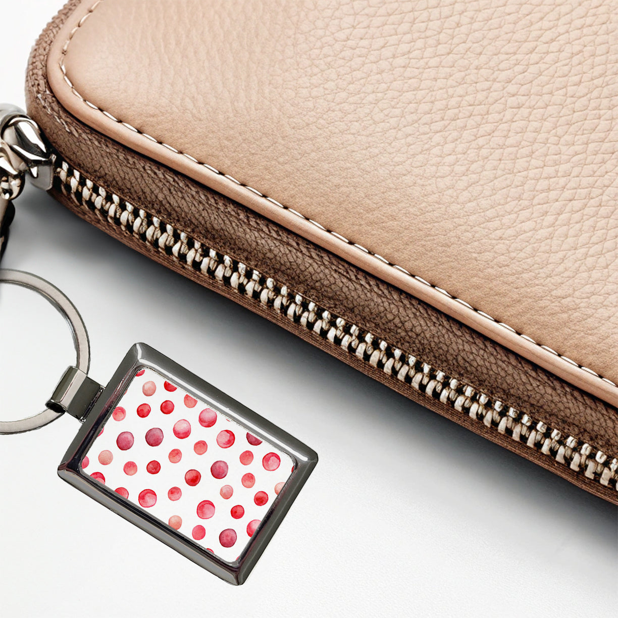 Red Polka Dots Fun White Background Rectangle Metal Keychain