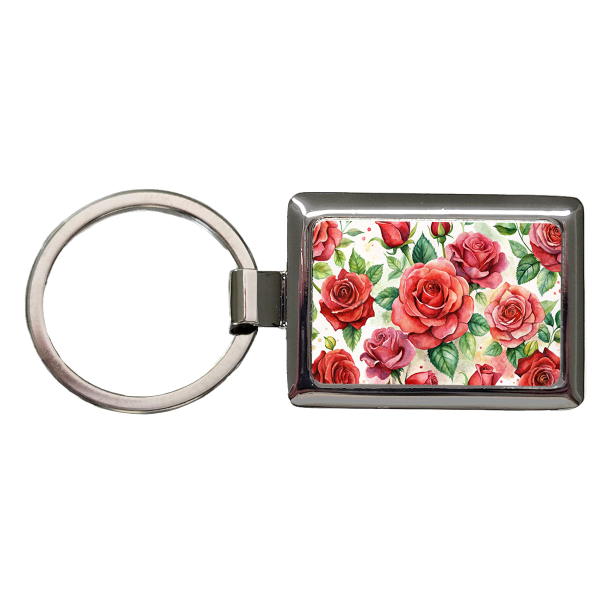 Red Roses Flowers Watercolor Rectangle Metal Keychain