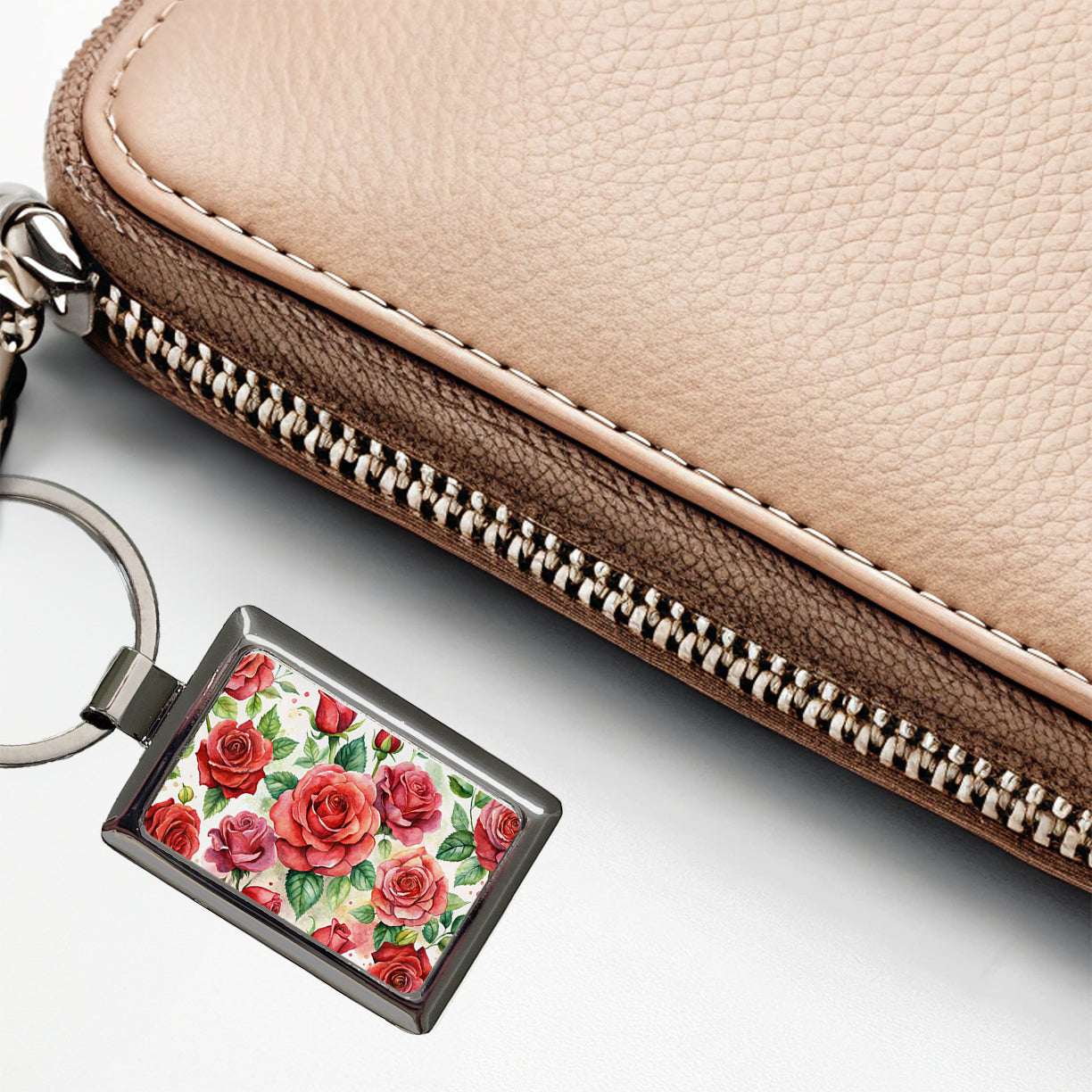 Red Roses Flowers Watercolor Rectangle Metal Keychain