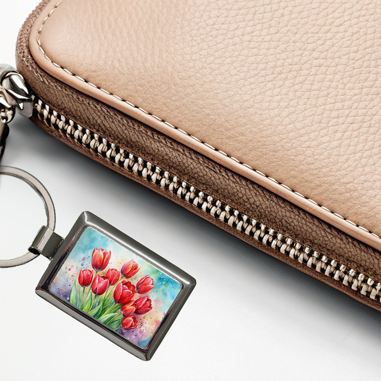 Red Tulips Flowers Watercolor Rectangle Metal Keychain