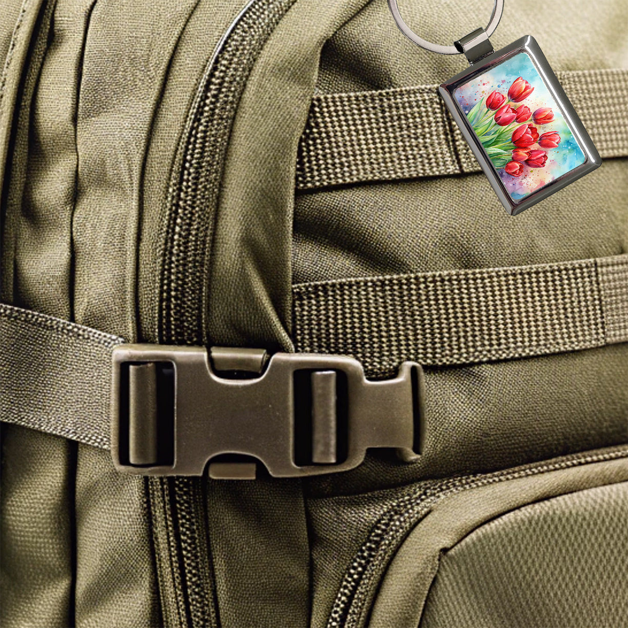 Red Tulips Flowers Watercolor Rectangle Metal Keychain