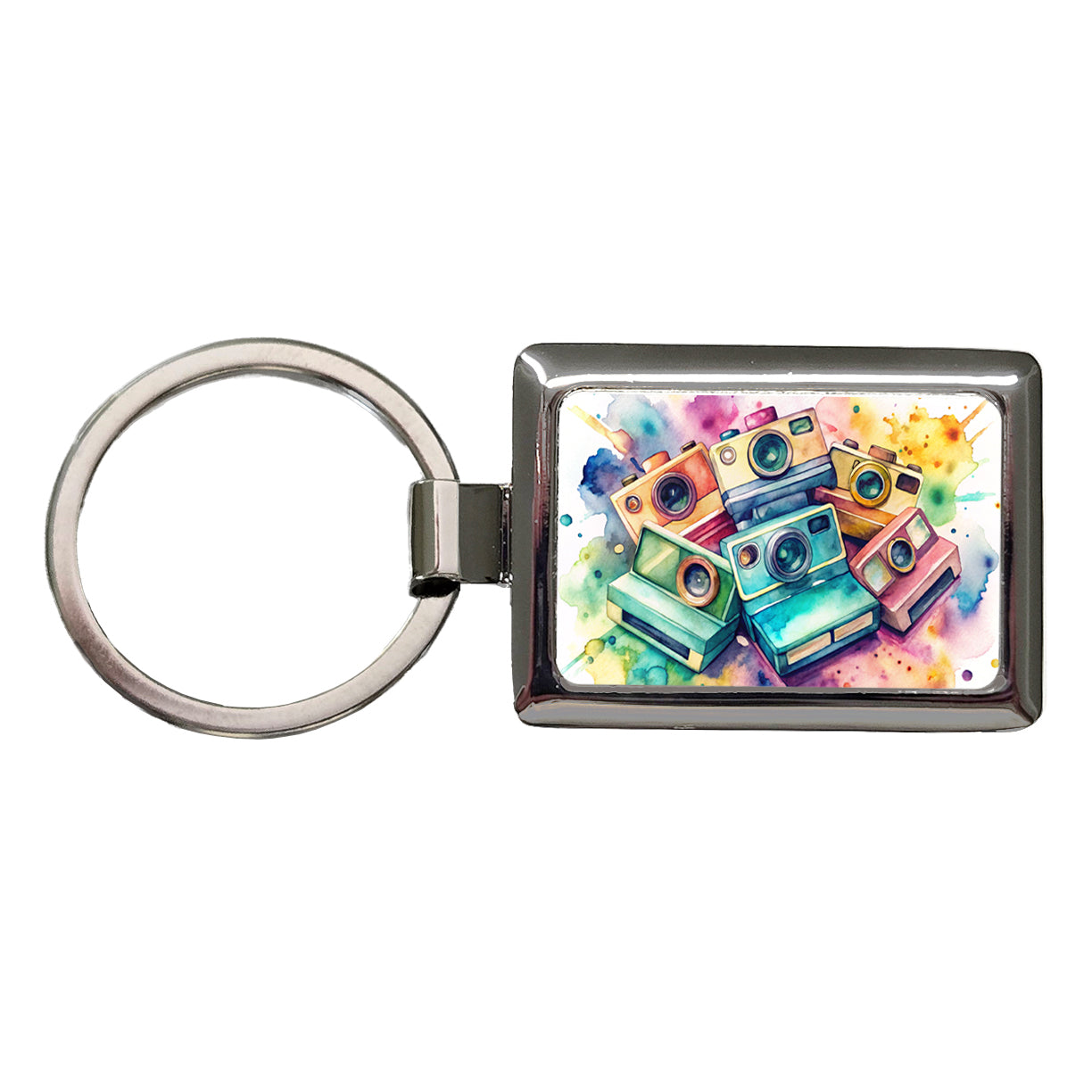 Retro Instant Cameras Photographer Watercolor Rectangle Metal Keychain