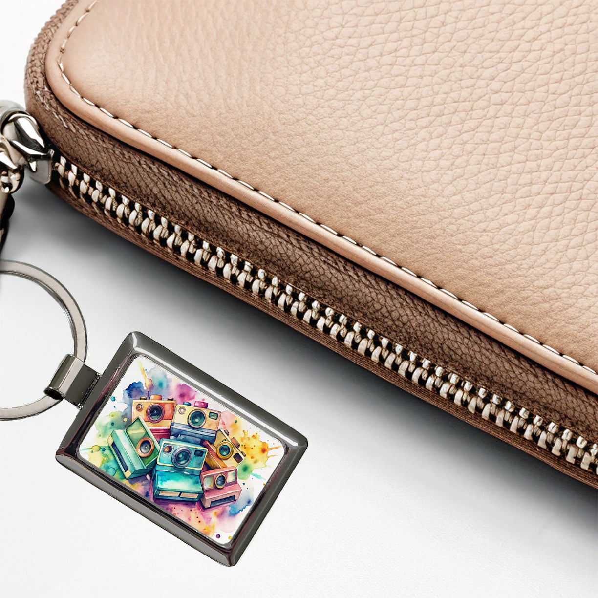 Retro Instant Cameras Photographer Watercolor Rectangle Metal Keychain