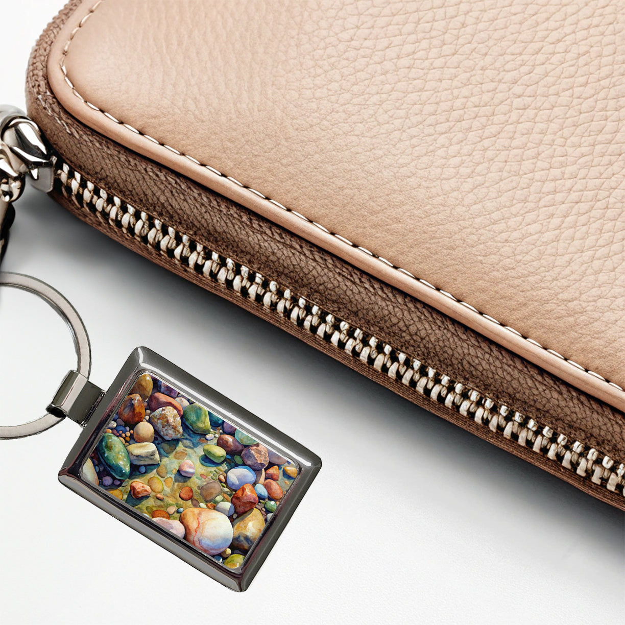 River Rocks Watercolor Rectangle Metal Keychain