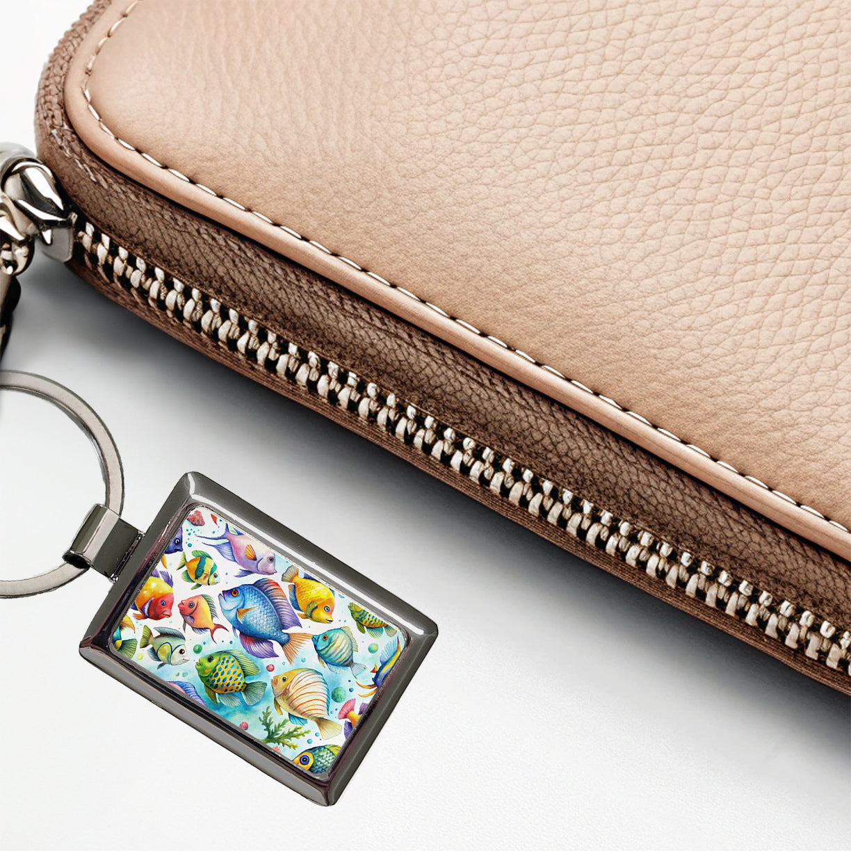 Tropical Fish Swimming Ocean Rectangle Metal Keychain