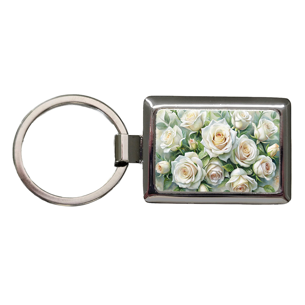White Roses Flowers Watercolor Rectangle Metal Keychain