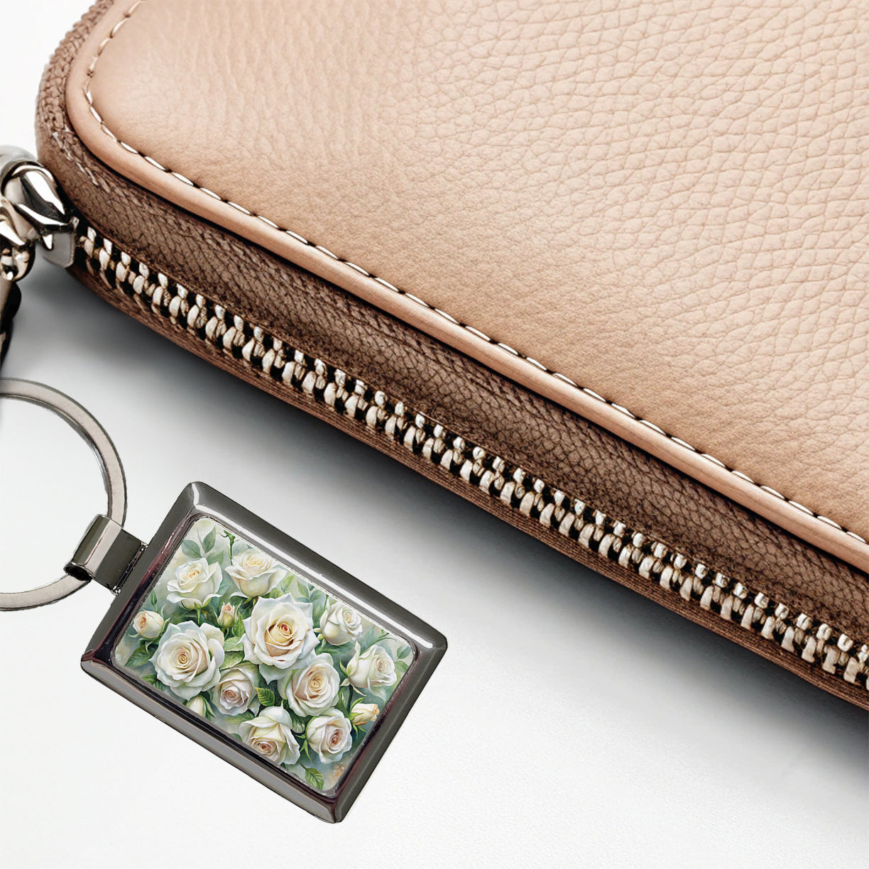 White Roses Flowers Watercolor Rectangle Metal Keychain