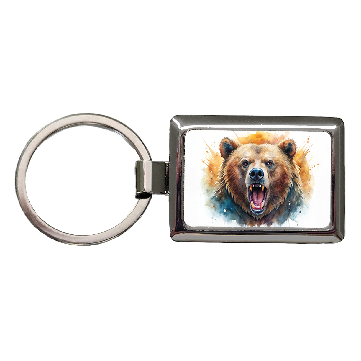 Angry Mad Grizzly Bear Watercolor Rectangle Metal Keychain