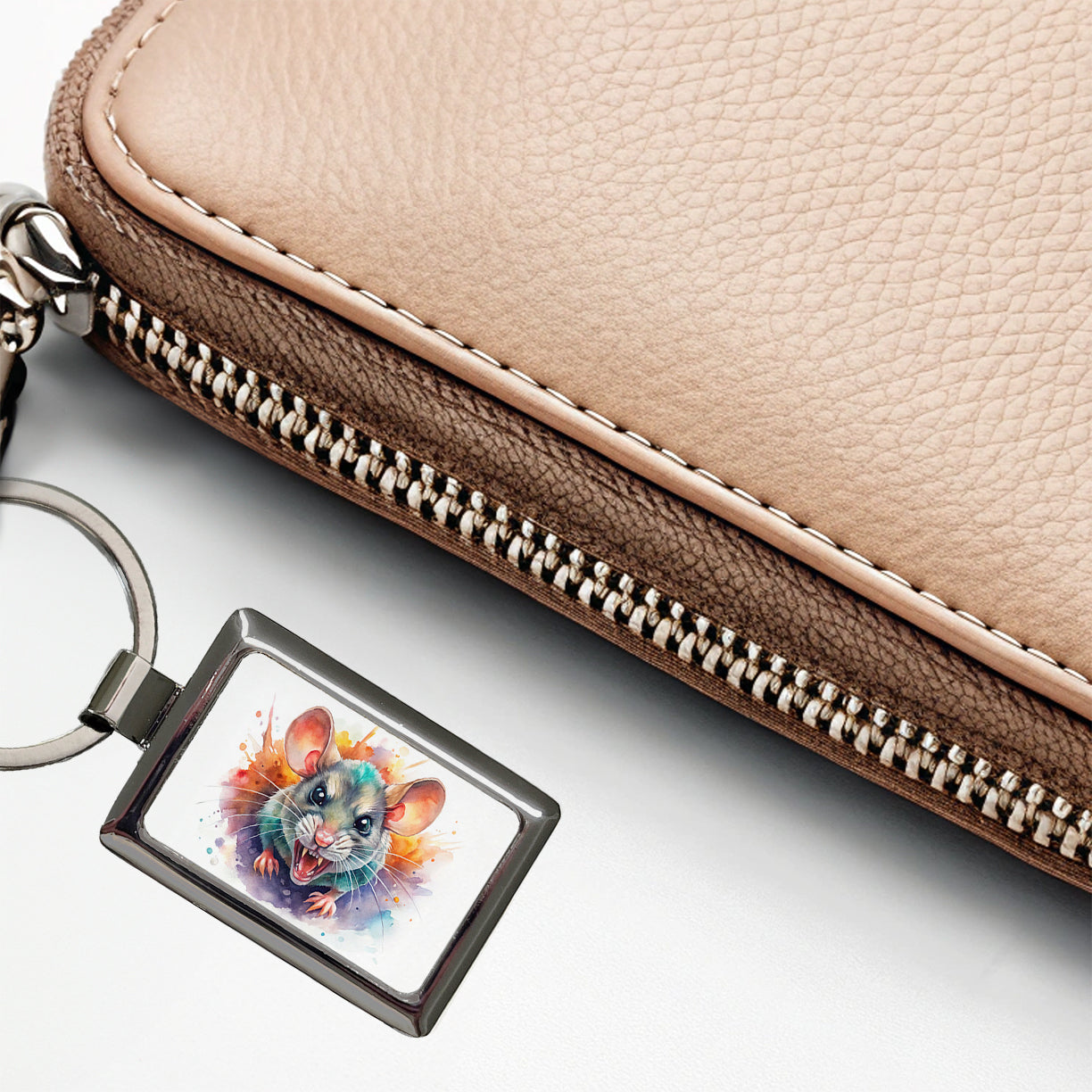 Angry Mad Mouse Watercolor Rectangle Metal Keychain