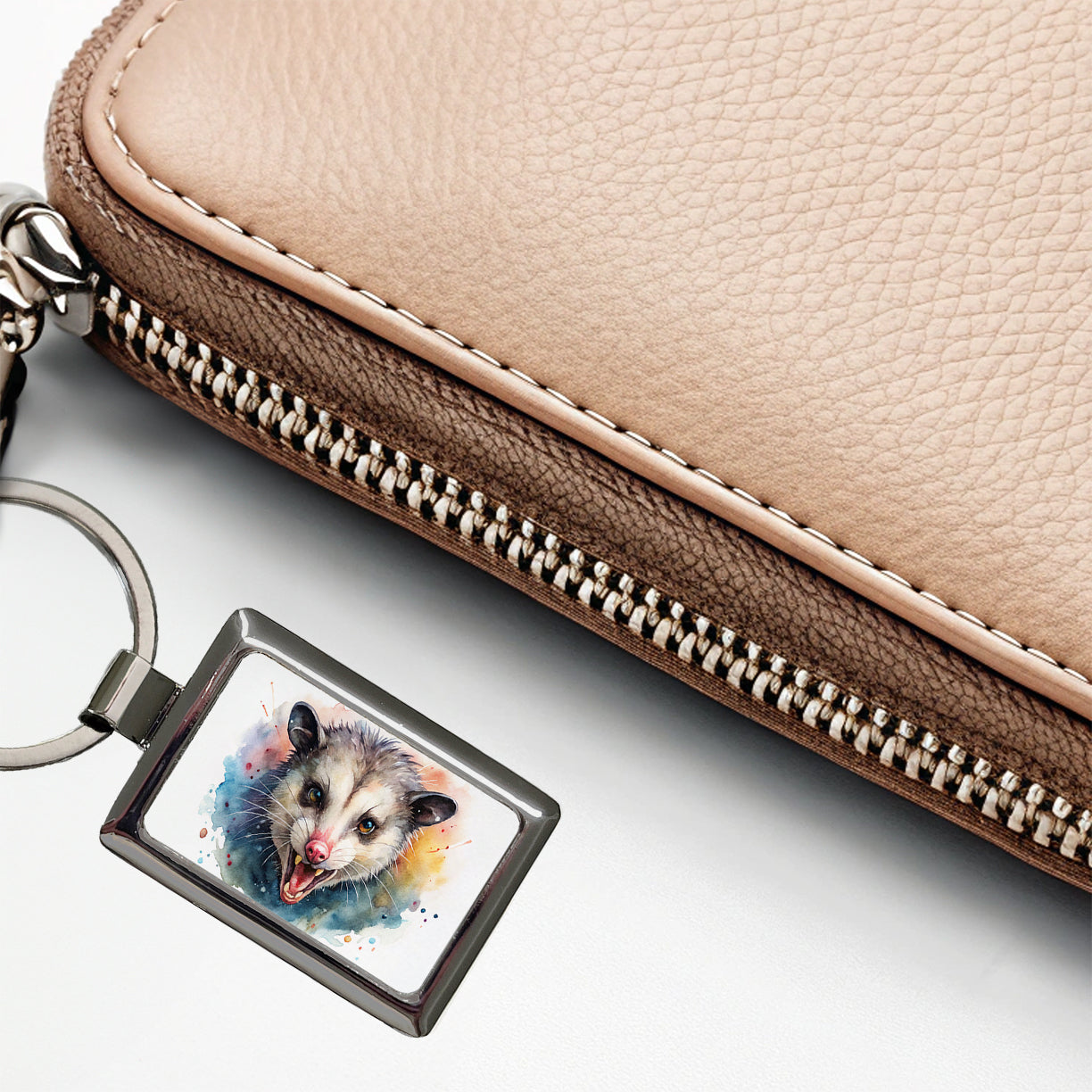 Angry Mad Opossum Watercolor Rectangle Metal Keychain