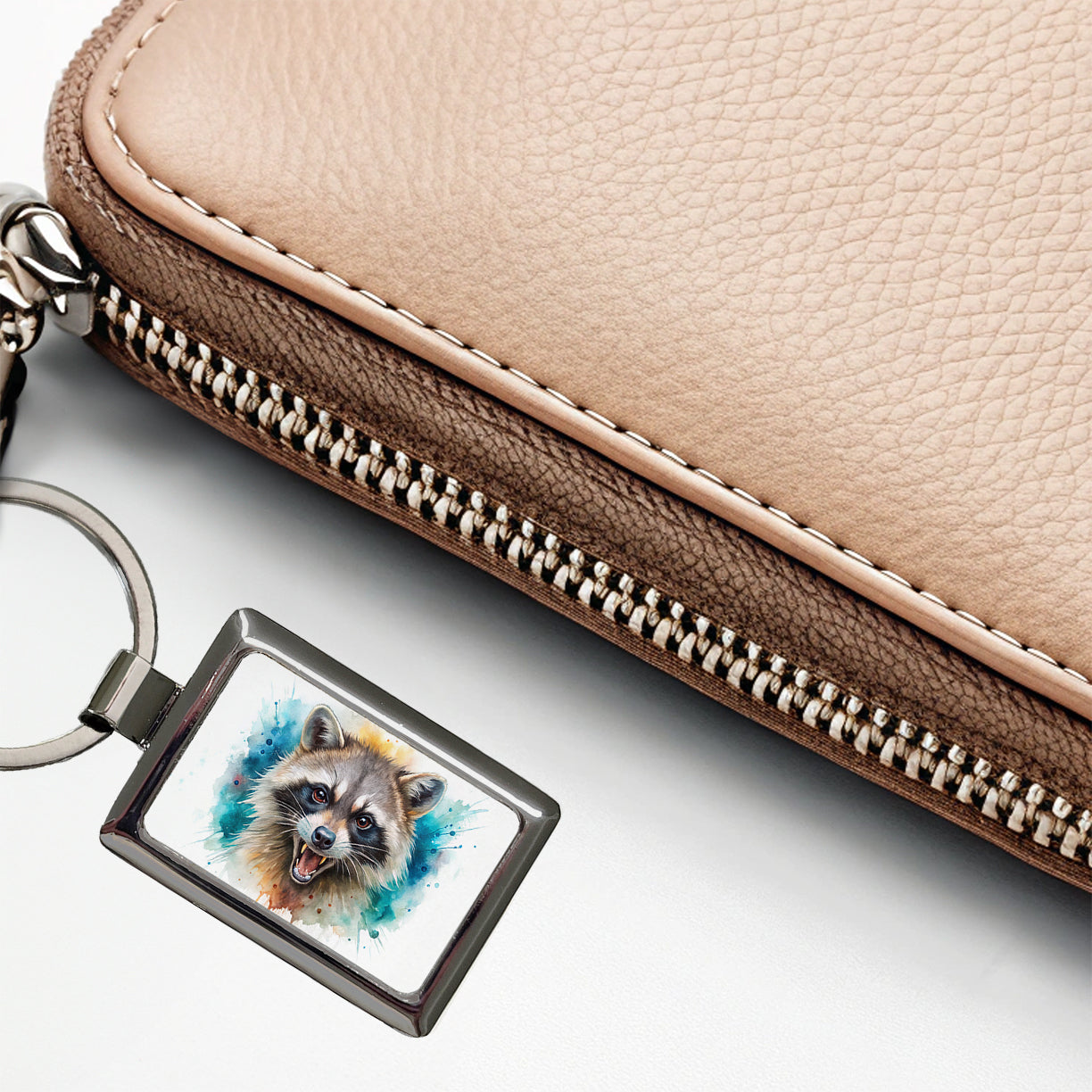 Angry Mad Raccoon Watercolor Rectangle Metal Keychain
