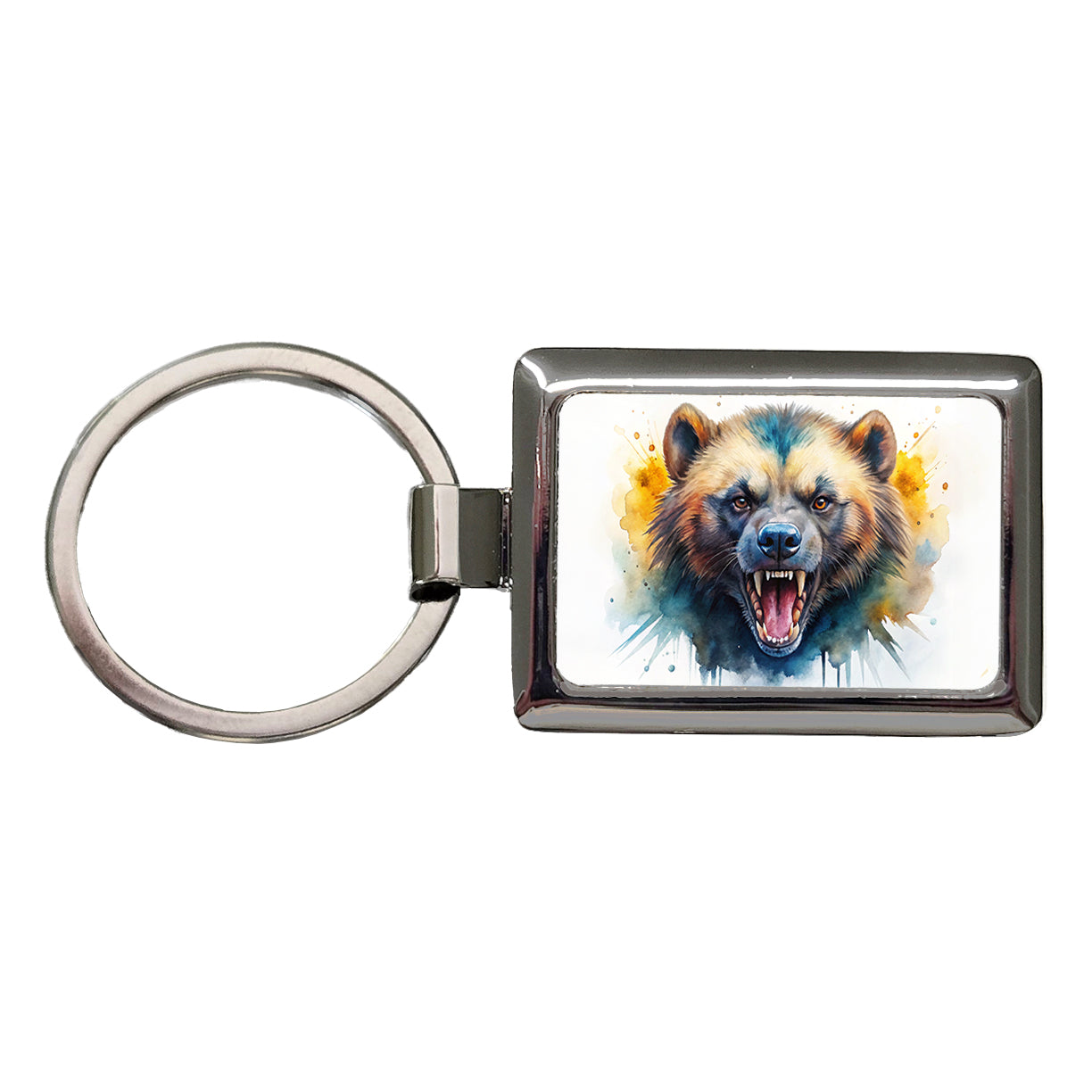 Angry Mad Wolverine Watercolor Rectangle Metal Keychain
