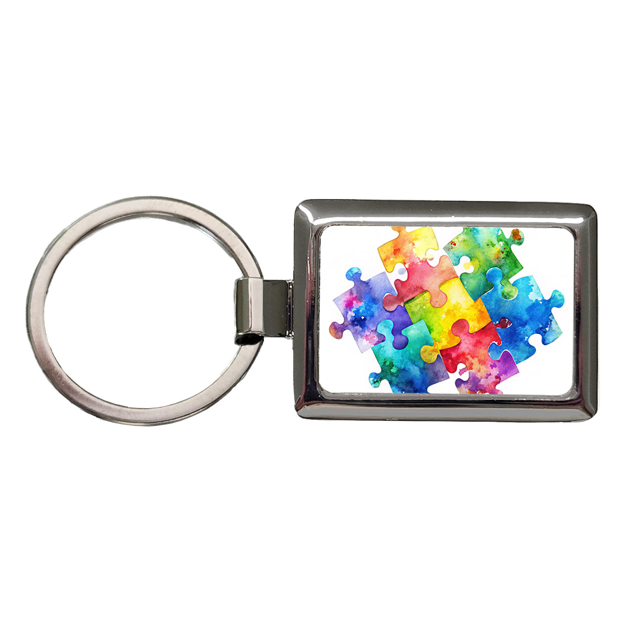Autism Awareness Acceptance Puzzle Pieces Watercolor Rectangle Metal Keychain