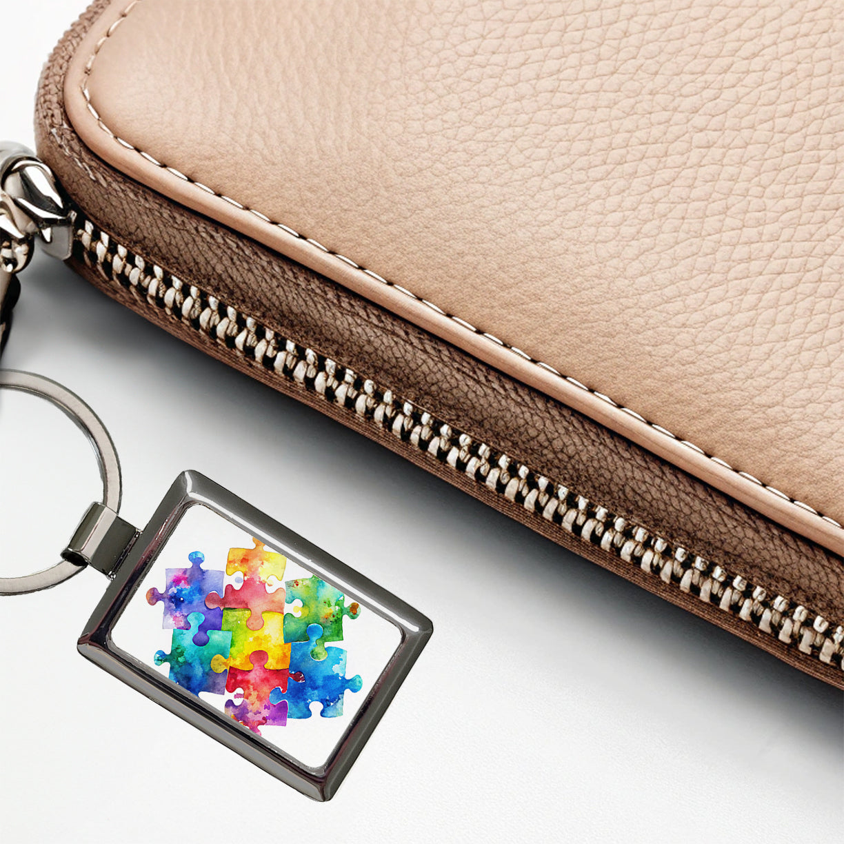 Autism Awareness Acceptance Puzzle Pieces Watercolor Rectangle Metal Keychain