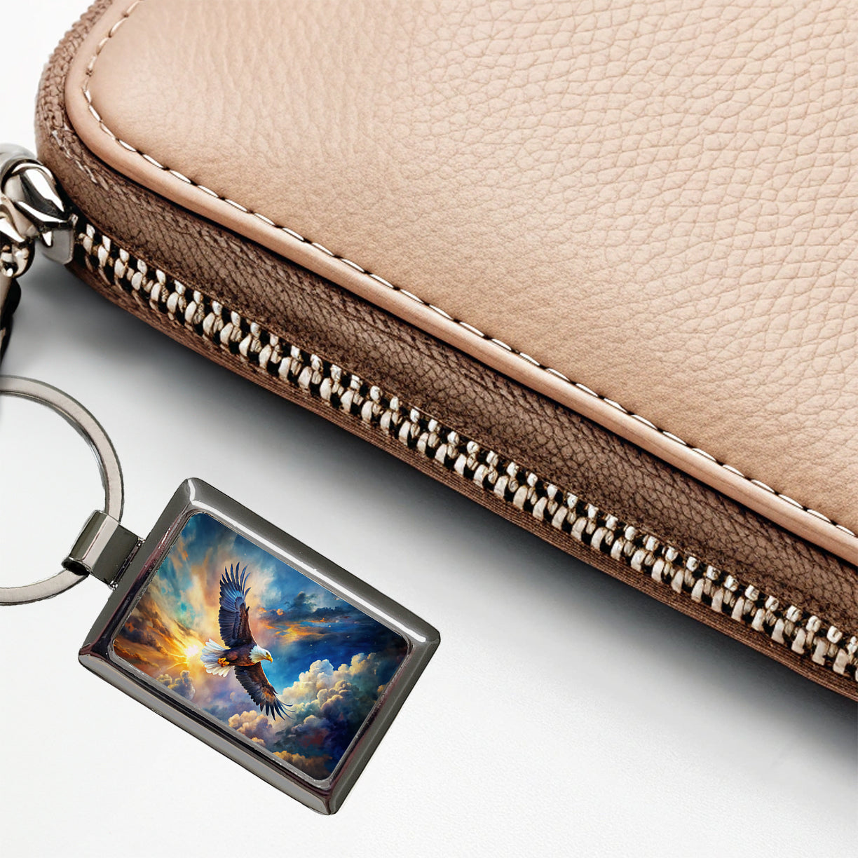 Bald Eagle Flying In Sky Clouds Watercolor Rectangle Metal Keychain